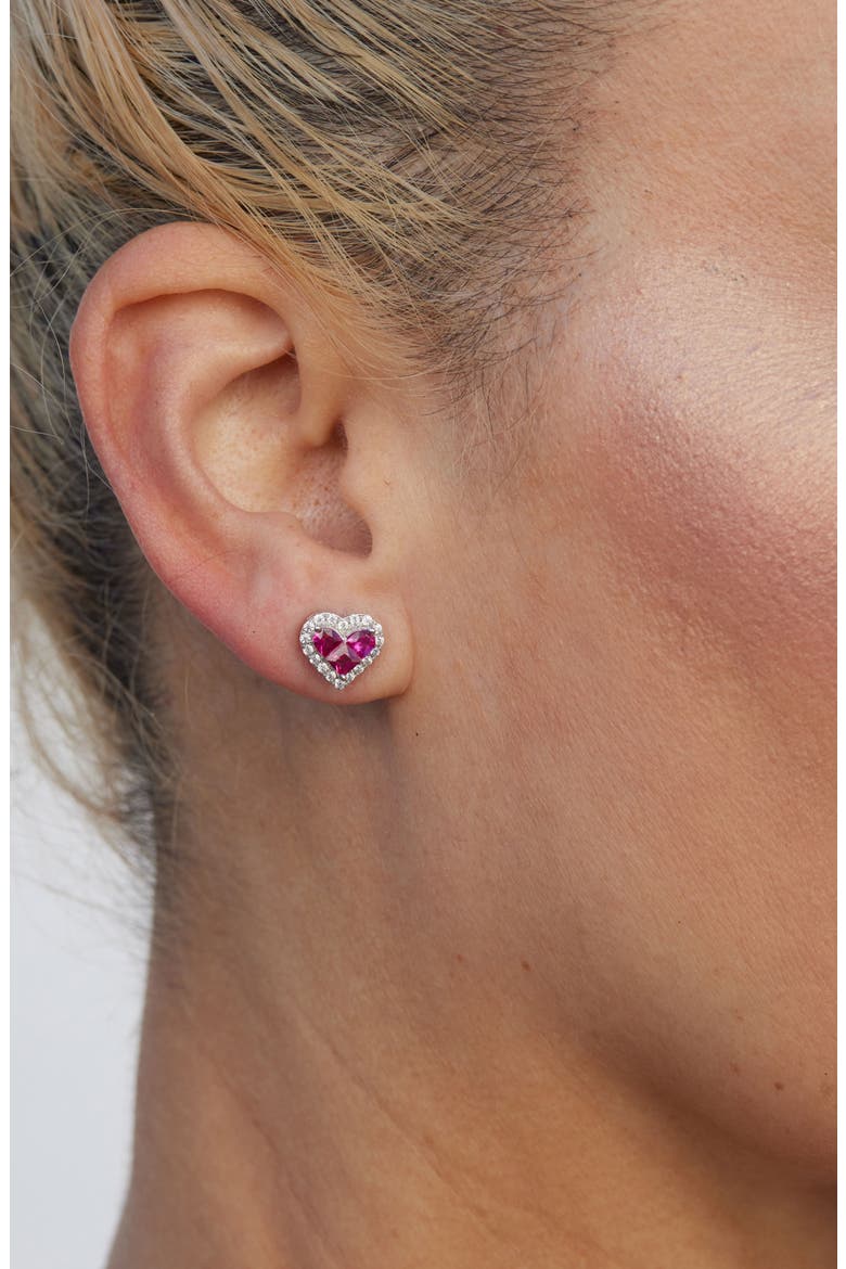 Cubic Zirconia Halo Heart Stud Earrings, Alternate, color, RUBY RED