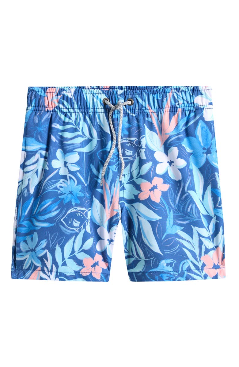 Vintage Summer Kids' Print Stretch Volley Swim Trunks, Main, color, Blue