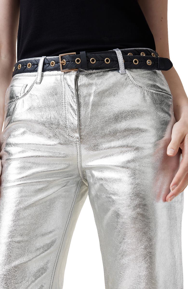 AllSaints Saige Foil Leather Pants, Alternate, color, Gunmetal