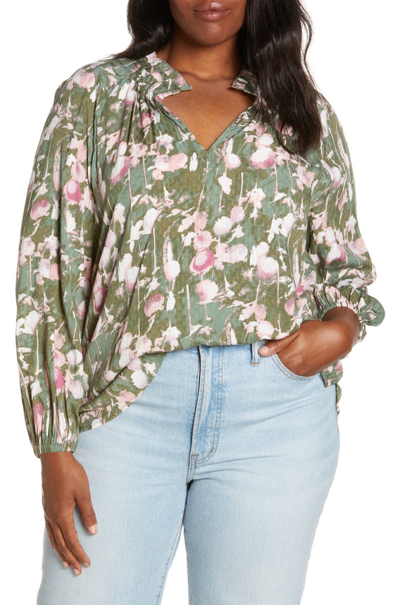 Caslon<sup>®</sup> Floral Print Split Neck Shirt, Main, color,