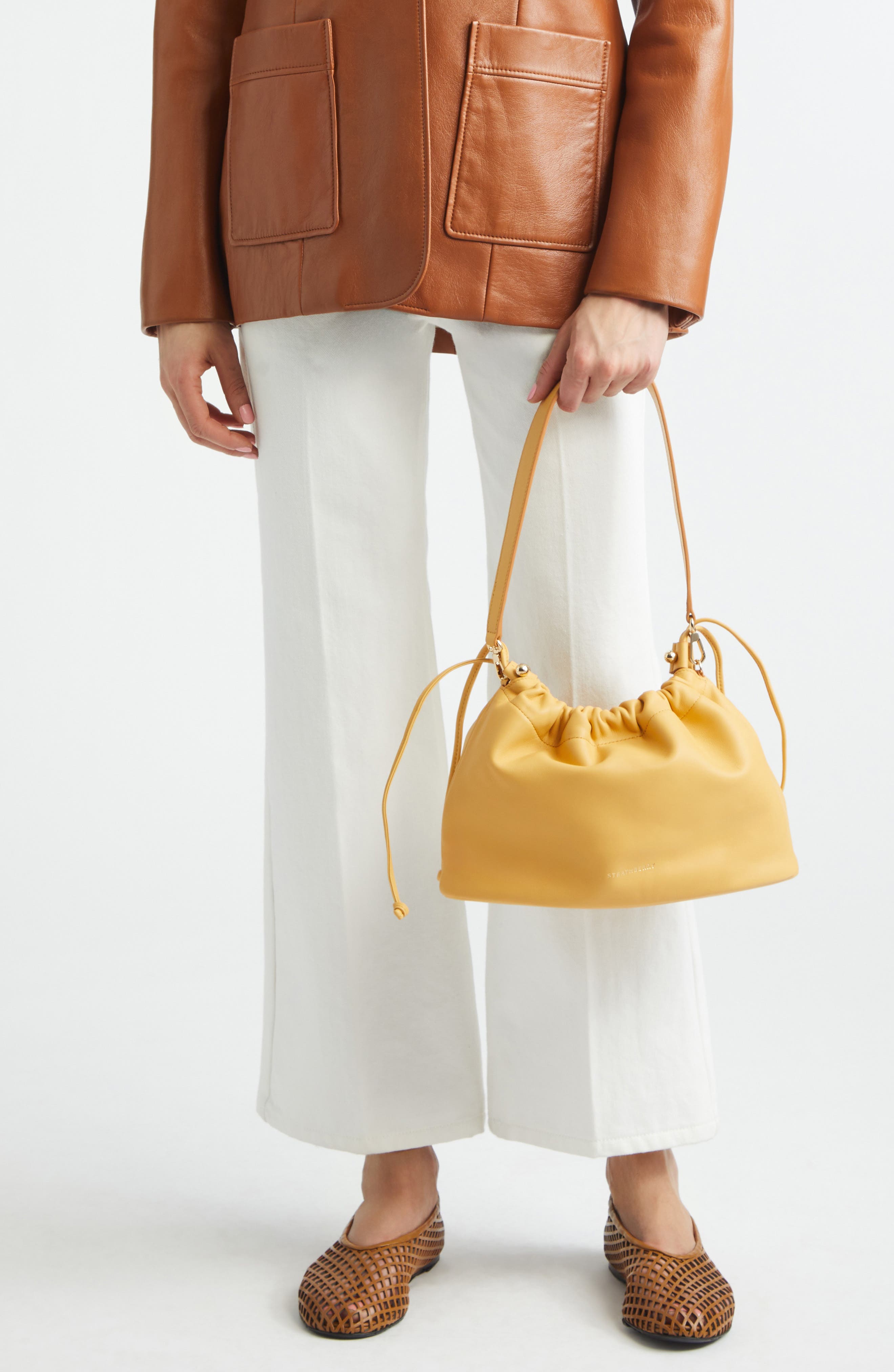 Strathberry Midi Leather Drawstring Handbag, Alternate, color, Brulee