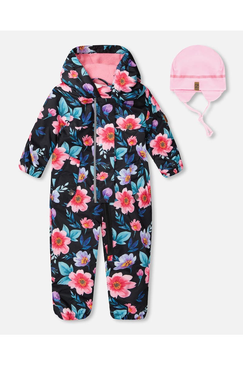 Baby Mid-Season One-Piece Printed Flowers Outerwear with Hat, Main, color, Black Floral Print