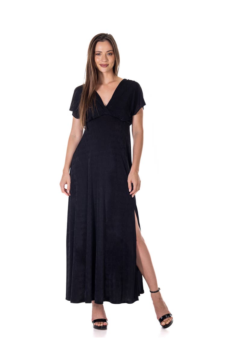 24seven Comfort Apparel Womens Flutter Sleeve Metallic Knit Maxi Dress Front Slit Empire Waist, Main, color, Black
