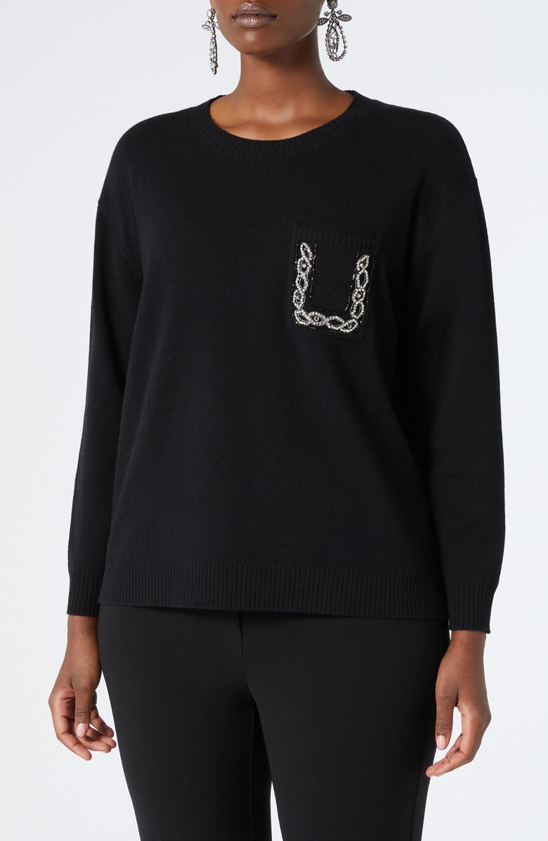 Marina Rinaldi Talento Rhinestone Pocket Wool & Cashmere Sweater, Main, color, Black