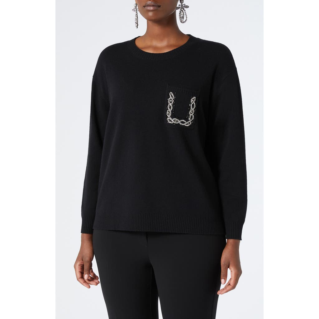 Shop Marina Rinaldi Talento Rhinestone Pocket Wool & Cashmere Sweater In Black