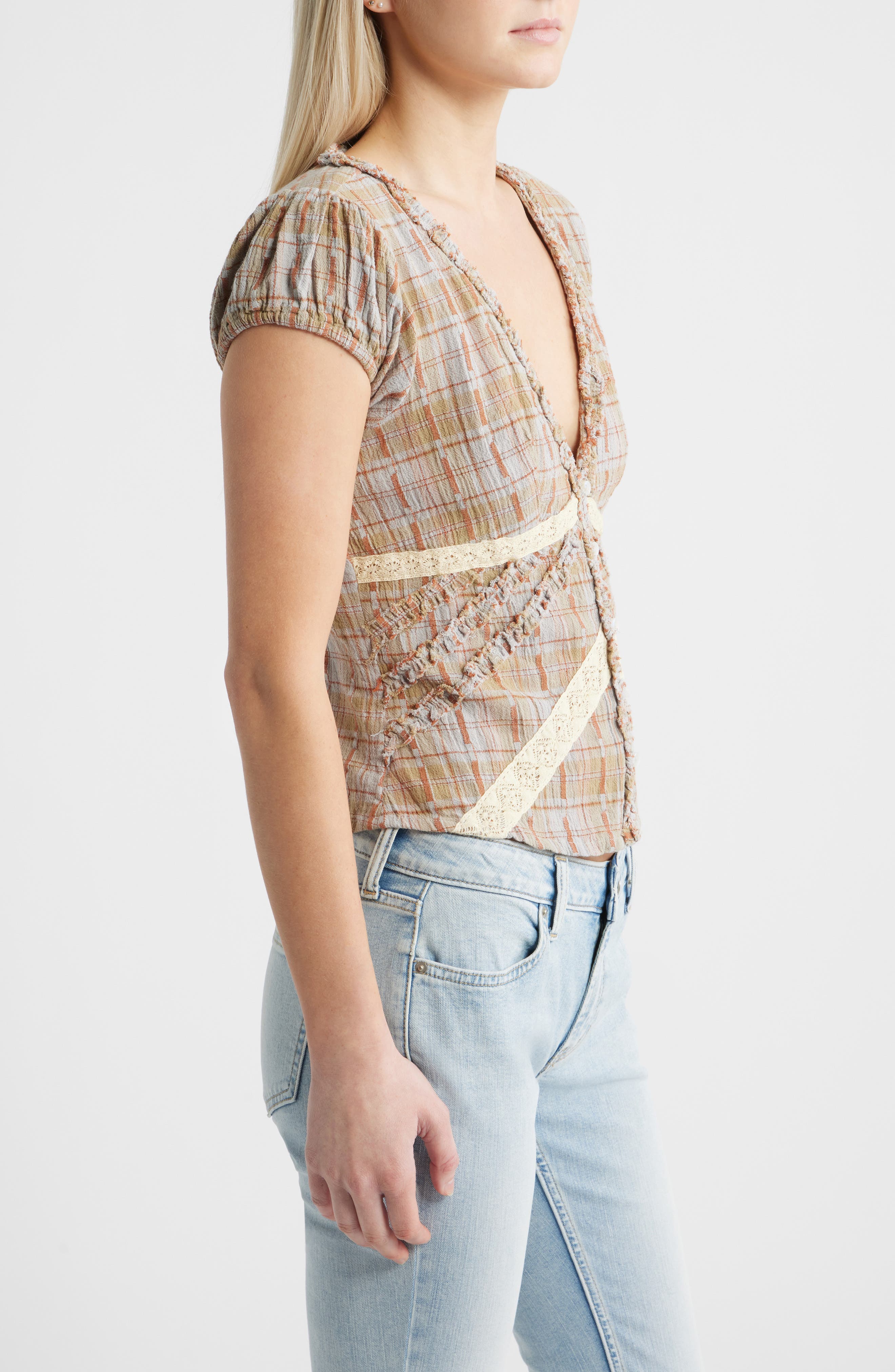 BDG Urban Outfitters Robyn Plaid Ruffle & Lace Trim Button-Up Top