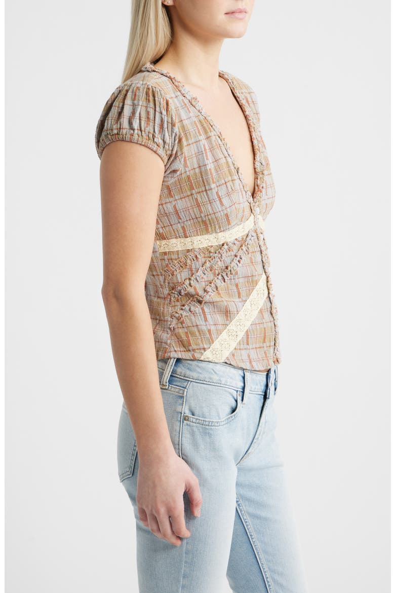 Robyn Plaid Ruffle & Lace Trim Button-Up Top, Alternate, color, BROWN