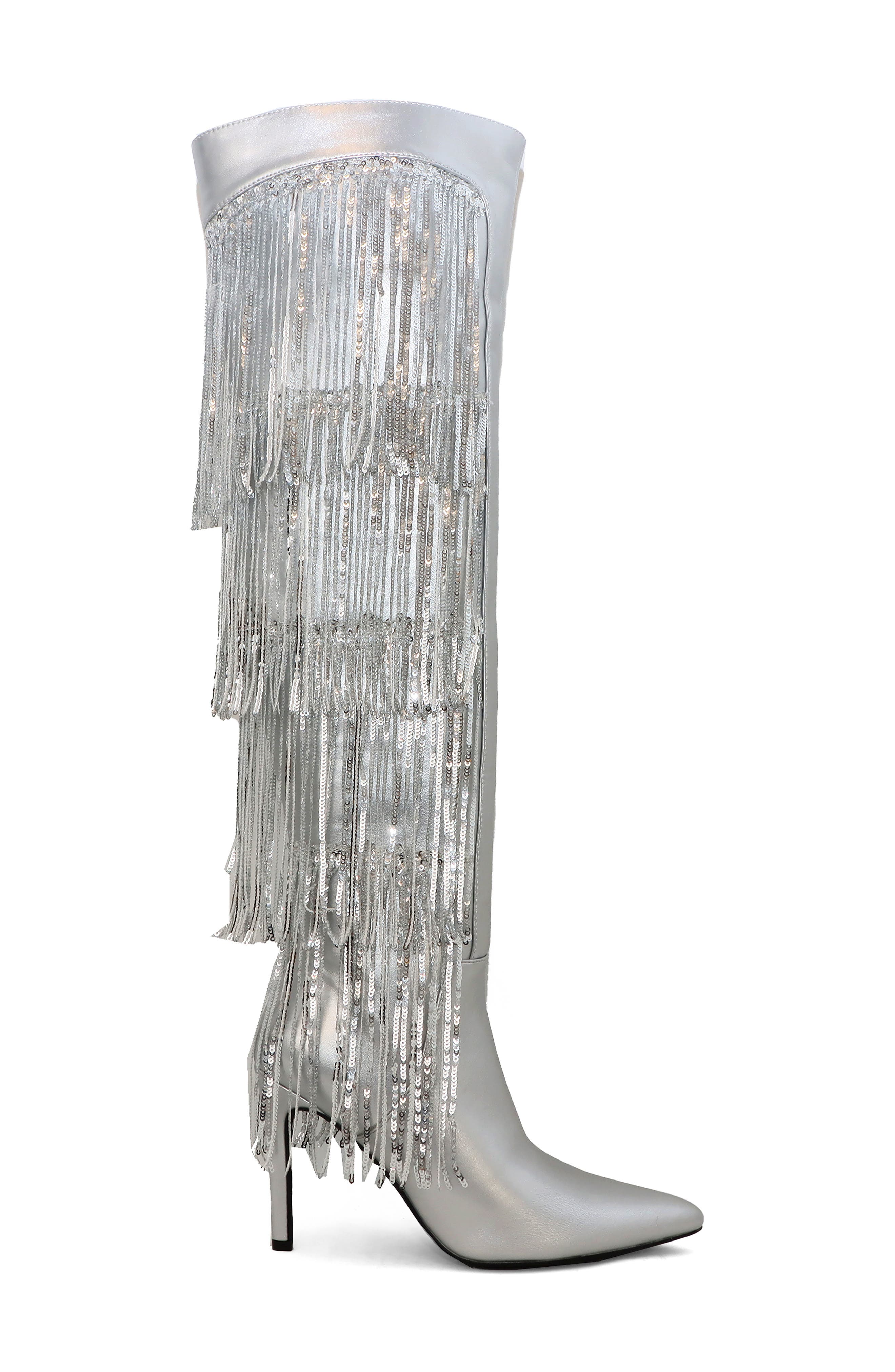 YOKI Nayla Sequin Fringe Knee High Boot, Alternate, color, Silver