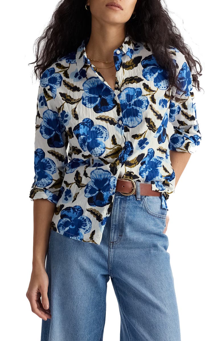 Seasalt Cornwall Larissa Crinkled Floral Organic Cotton Button-Up Shirt, Main, color, Spring Pansy Chalk