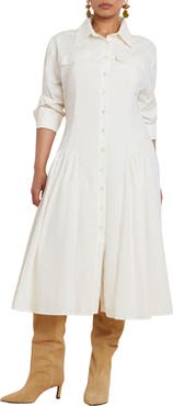 ELOQUII Shirred Godet Flare Poplin Dress