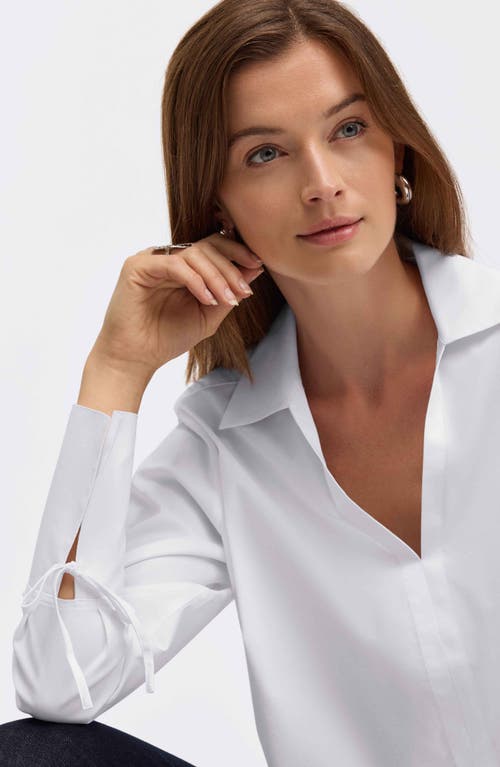 Foxcroft Carla Tie Cuff Cotton Blend Popover Top In White