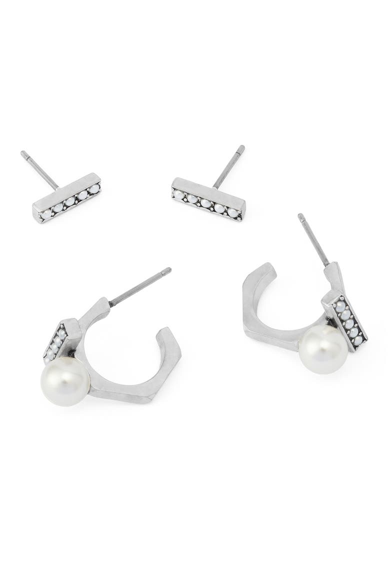 Imitation Pearl Bar Earrings, Alternate, color, PEARL/ WARM SILVER