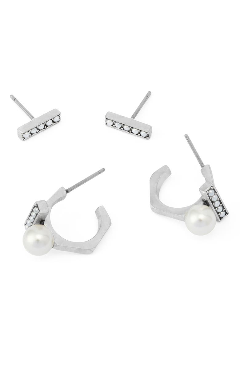 AllSaints Imitation Pearl Bar Earrings, Alternate, color, Pearl/ Warm Silver