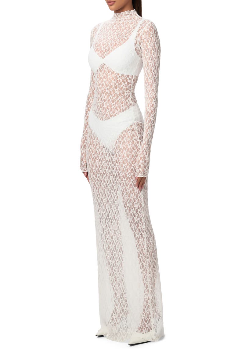 white long sleeve sheer lace maxi dress LONG SLEEVE SEMI SHEER LACE DRESS IN WHITE | CULT MIA
