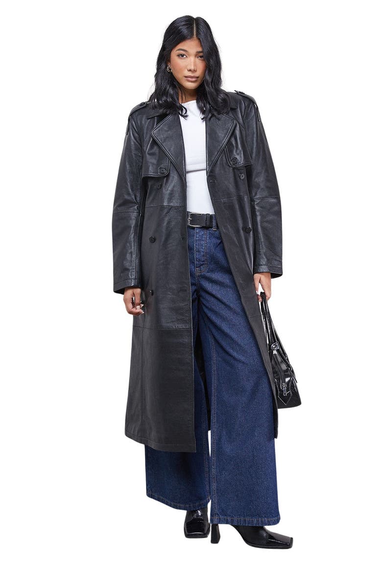 Real Leather Belted Trench Coat, Main, color, Black