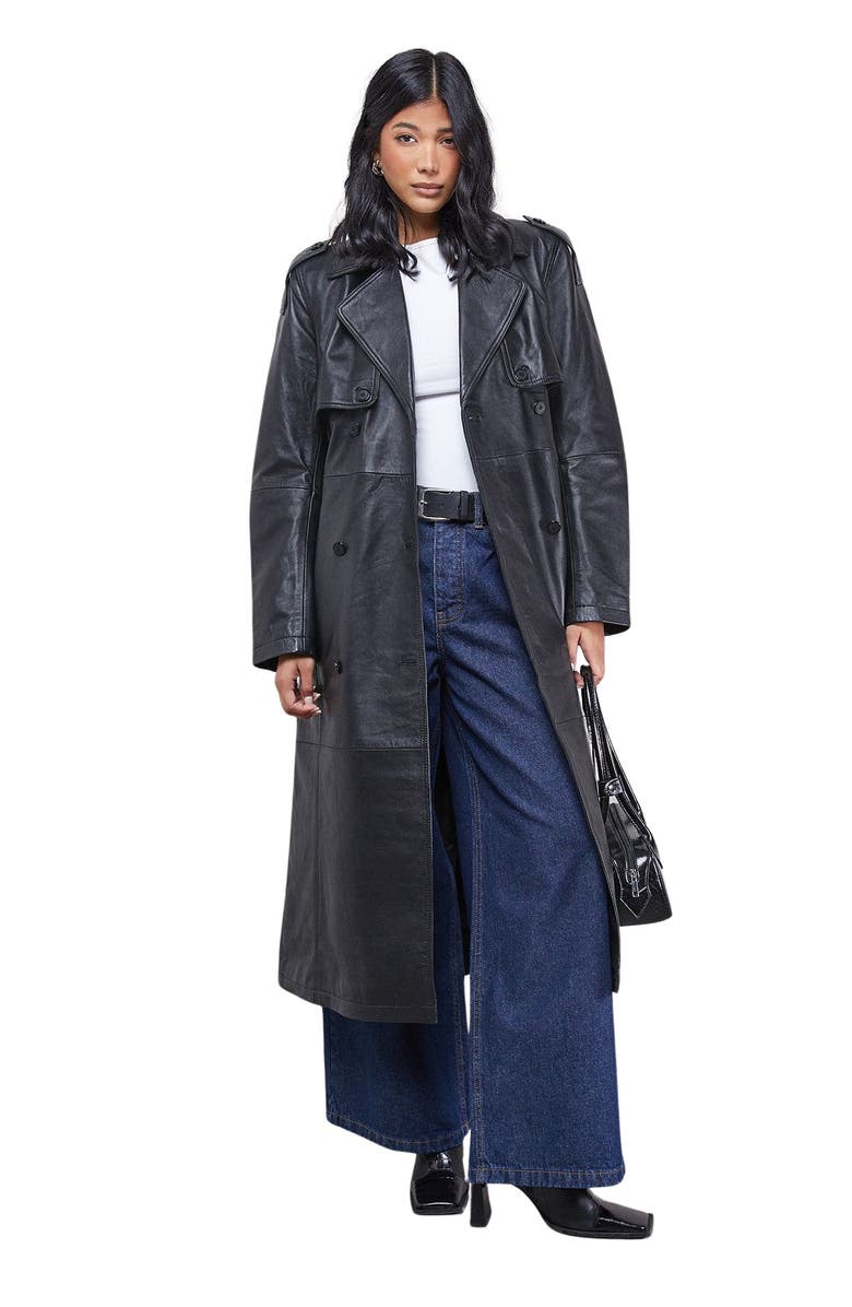 Warehouse Real Leather Belted Trench Coat, Main, color, Black