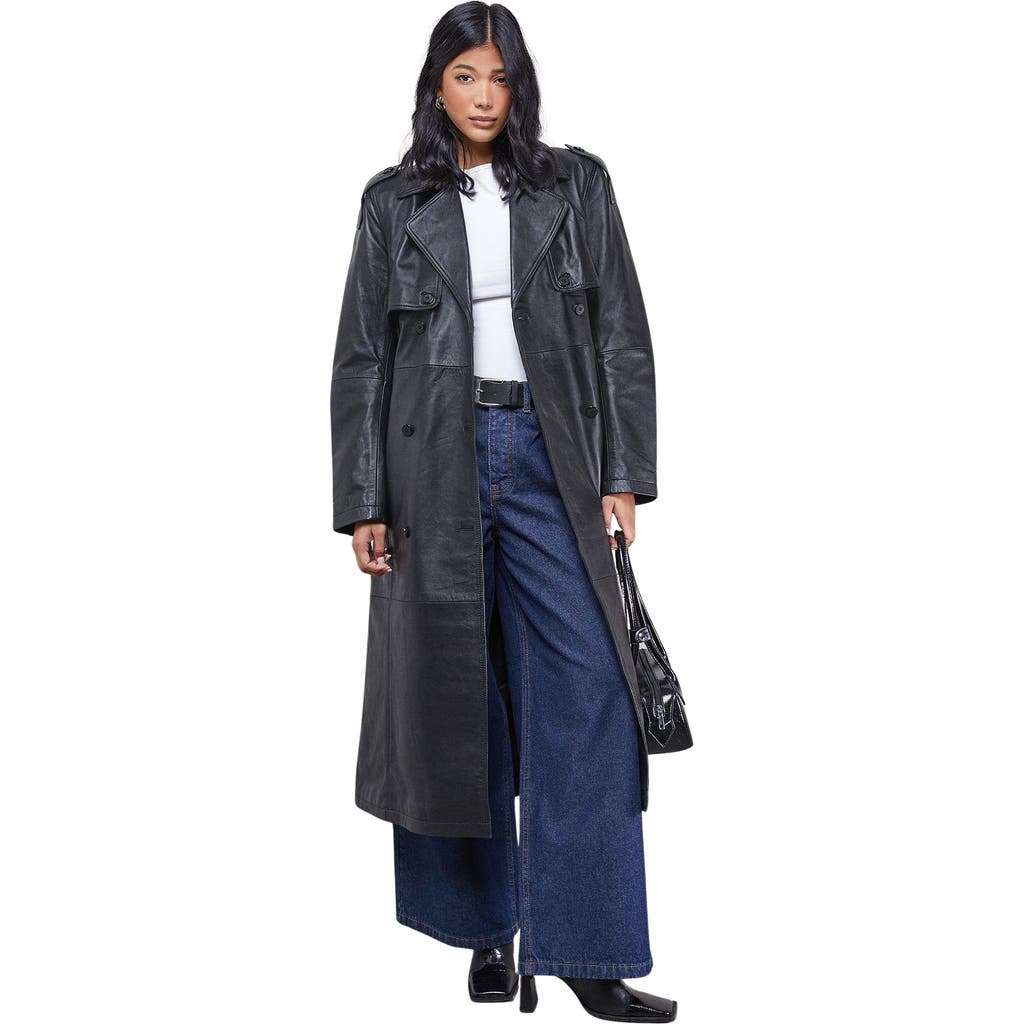 Warehouse Real Leather Belted Trench Coat In Black