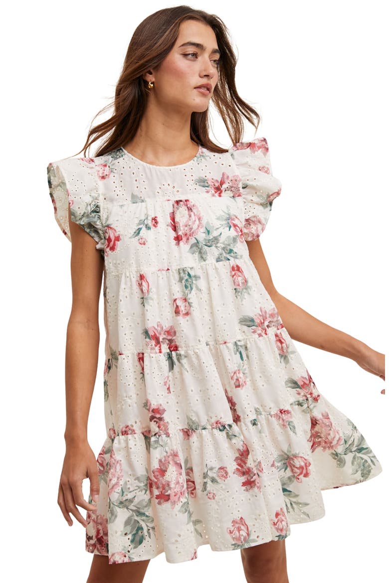 Floral Eyelet Babydoll Dress, Alternate, color, ROSE/ CREAM