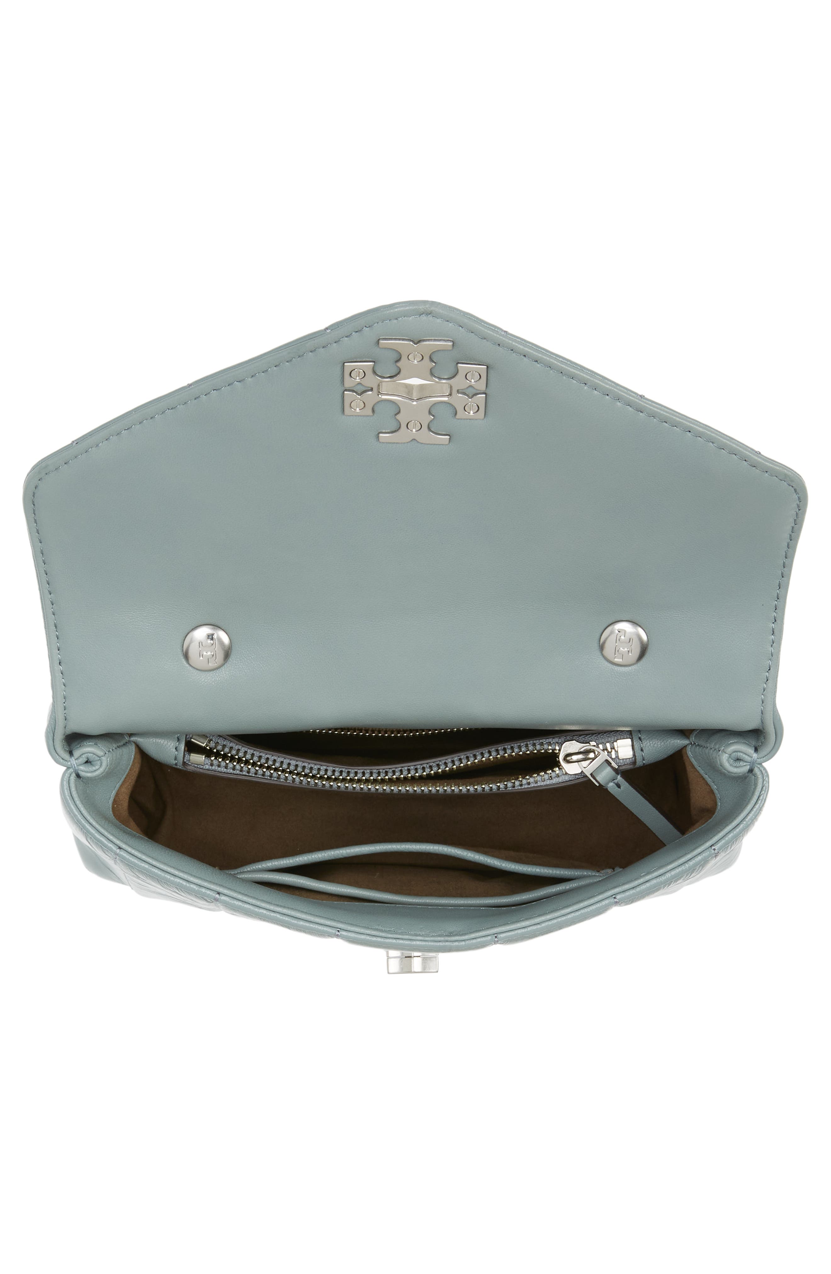 Tory Burch Kira Small Quilted Patent Leather Satchel, Alternate, color, Light Arctic