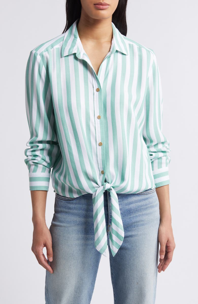 beachlunchlounge Marlo Stripe Tie Front Button-Up Shirt, Main, color,