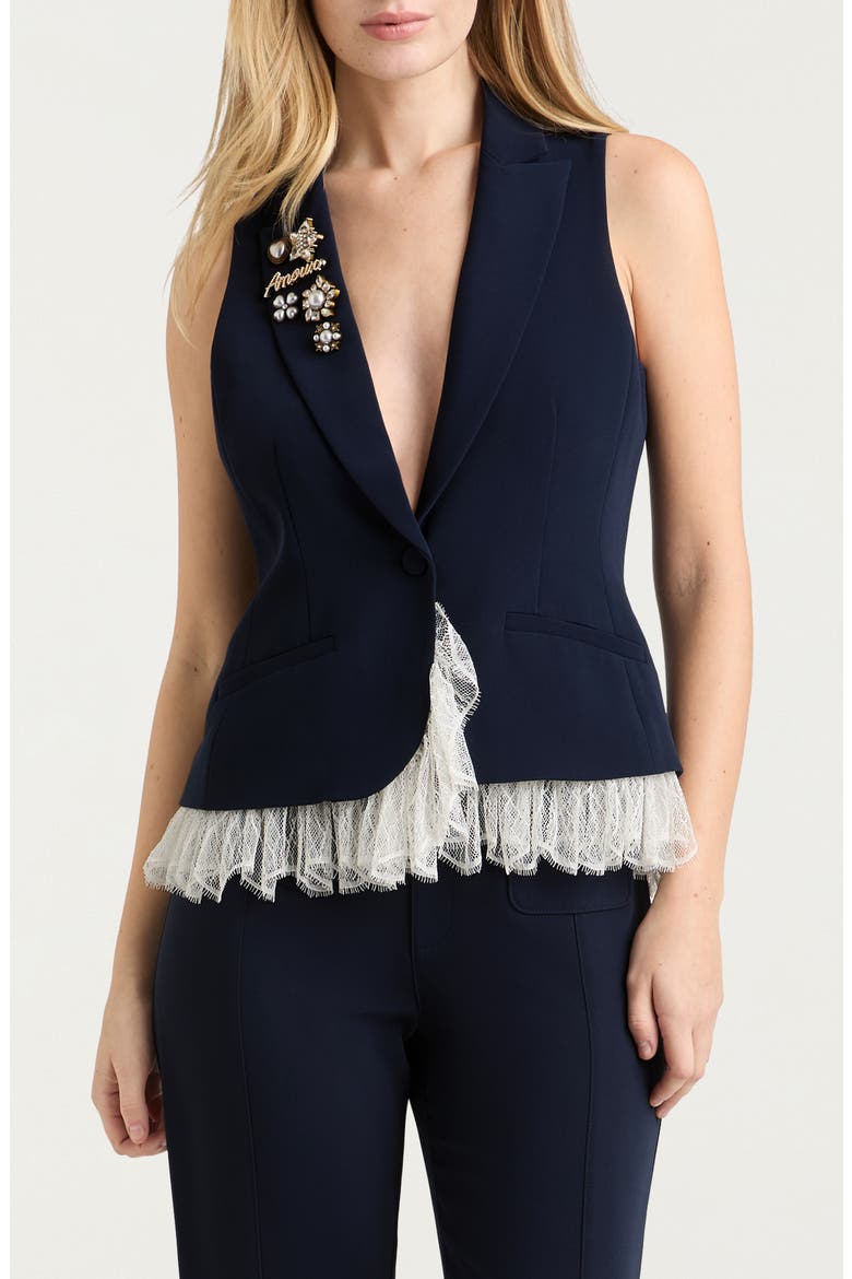 Roxie Faux Pearl & Crystal Detail Mixed Media Vest, Main, color, NAVY/ IVORY