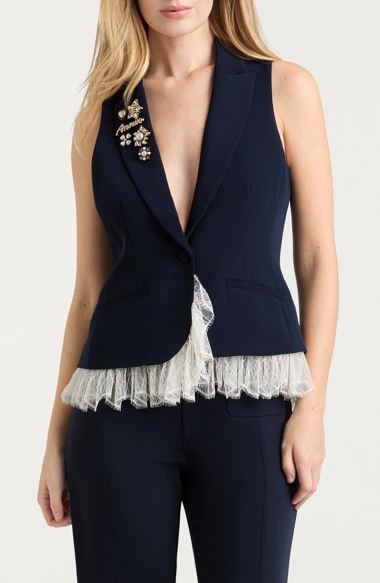 Cinq à Sept Roxie Faux Pearl & Crystal Detail Mixed Media Vest, Main, color, 