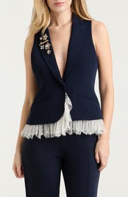 Cinq à Sept Roxie Faux Pearl & Crystal Detail Mixed Media Vest