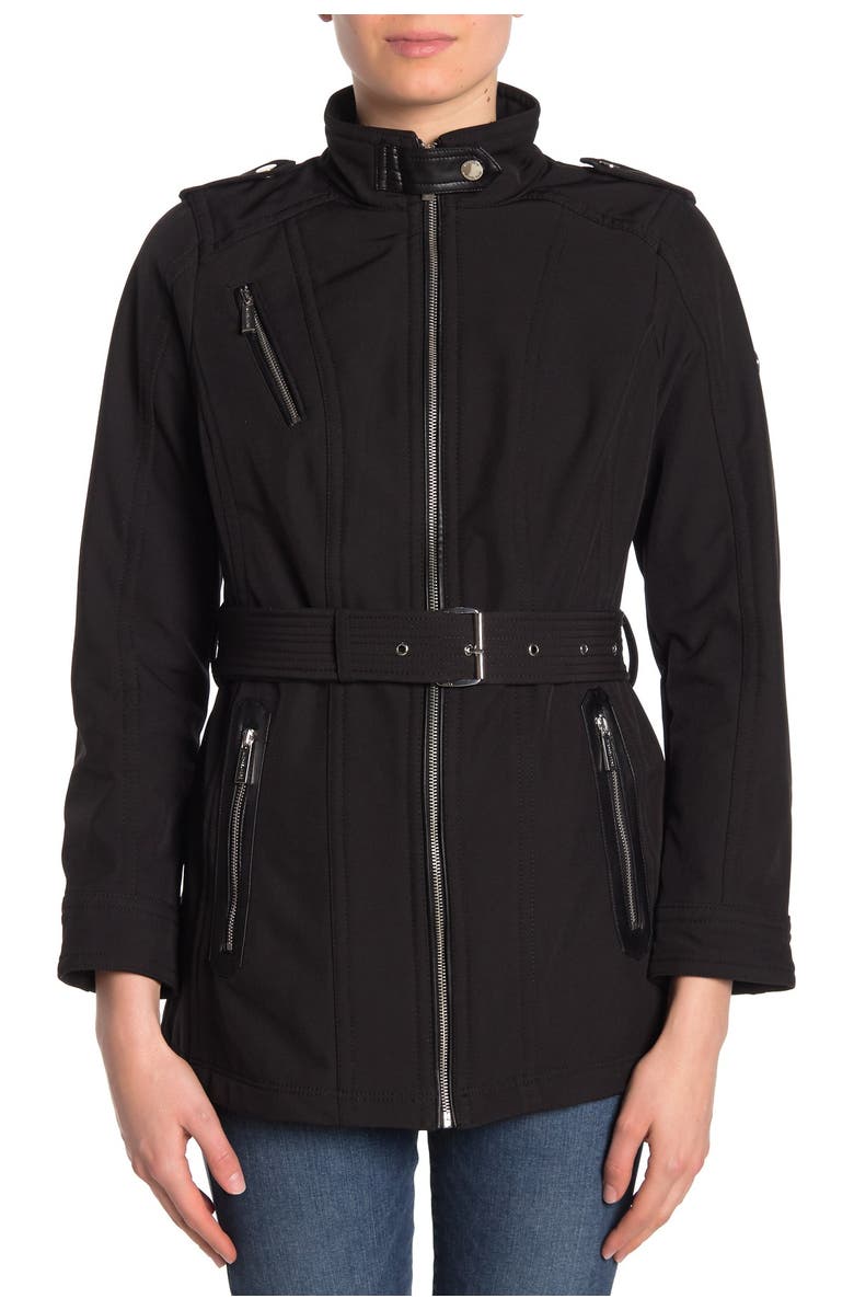 MICHAEL Michael Kors Missy Faux Leather Trim Belted Jacket, Alternate, color,