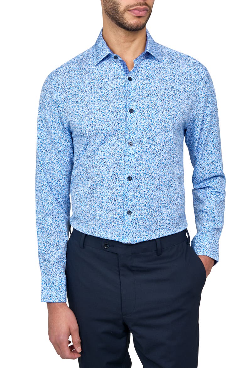 Slim Fit Floral Print Recycled Performance Stretch Dress Shirt, Main, color, WHITE BLUE