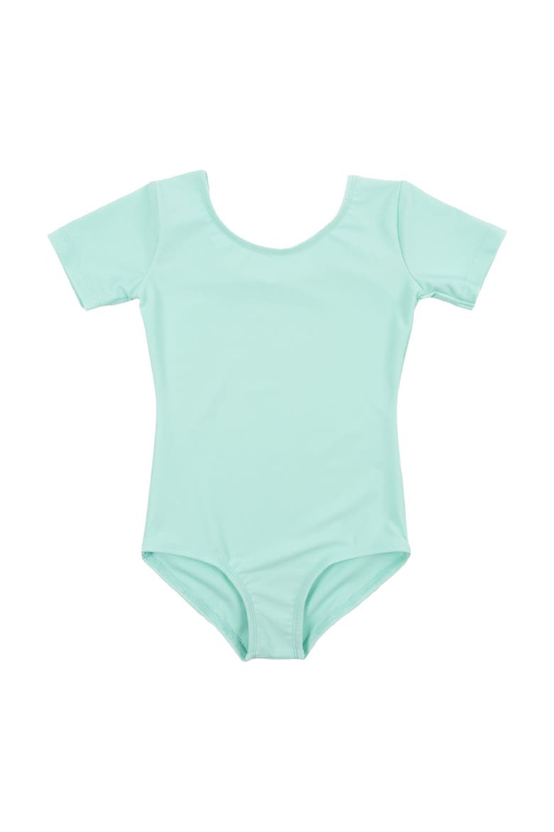 Girls Short Sleeve Leotard, Main, color, AQUA