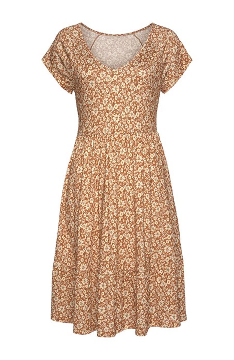 LASCANA Women's V-Neck Flounce Dress, Alternate, color, Brown Multi