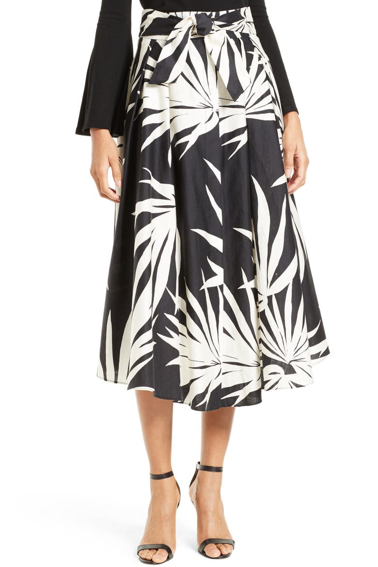 Jackie Palm Print Midi Skirt, Main, color, BLACK