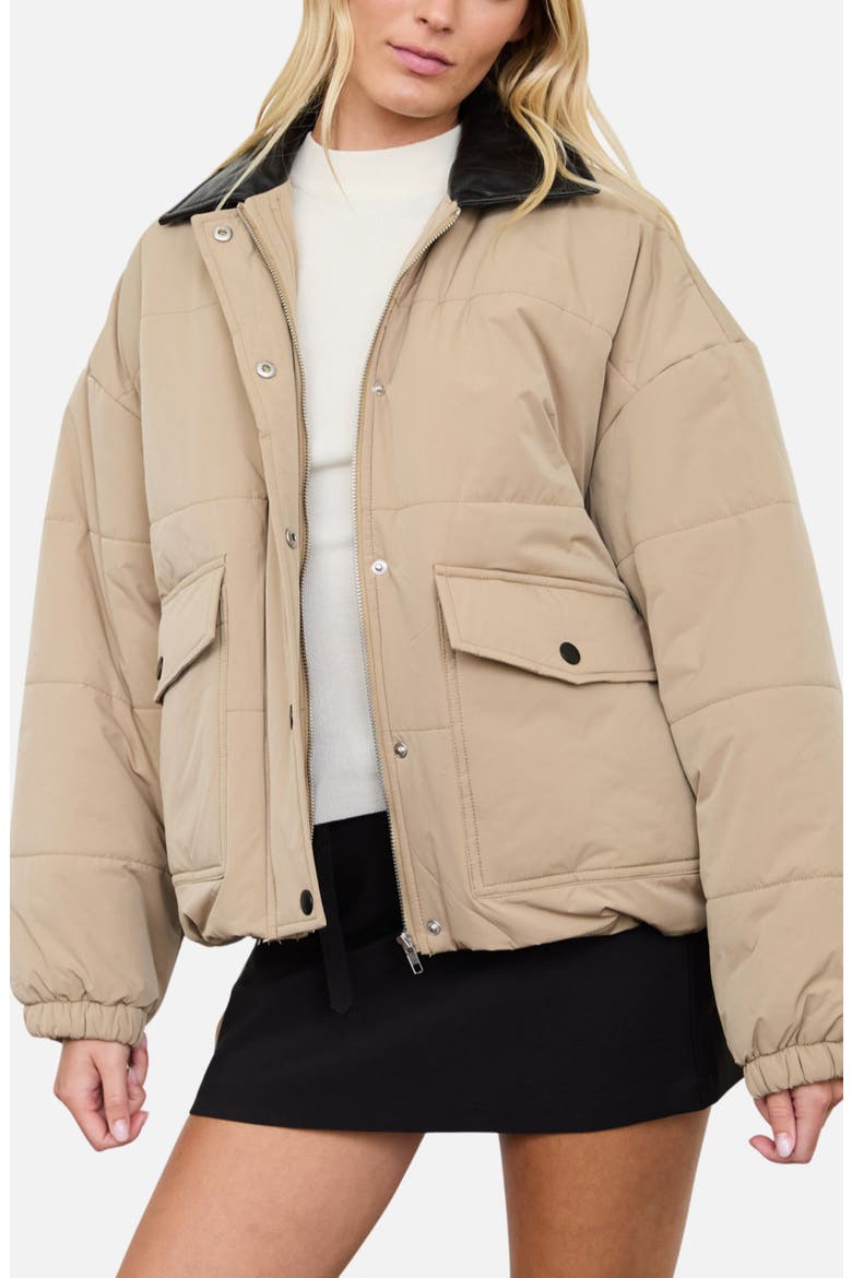 Contrast Collar Puffer Jacket, Alternate, color, KHAKI