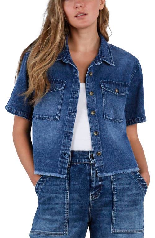 Hint Of Blu Emily Frayed Short Sleeve Denim Button-up Shirt In Caribbean Blue