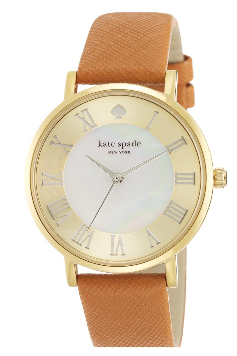 'metro grand' round leather strap watch, 38mm, Main, color, SADDLE