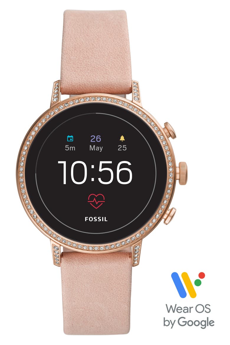 Q Venture HR Leather Strap Smart Watch, 40mm, Alternate, color, PINK/ ROSE GOLD