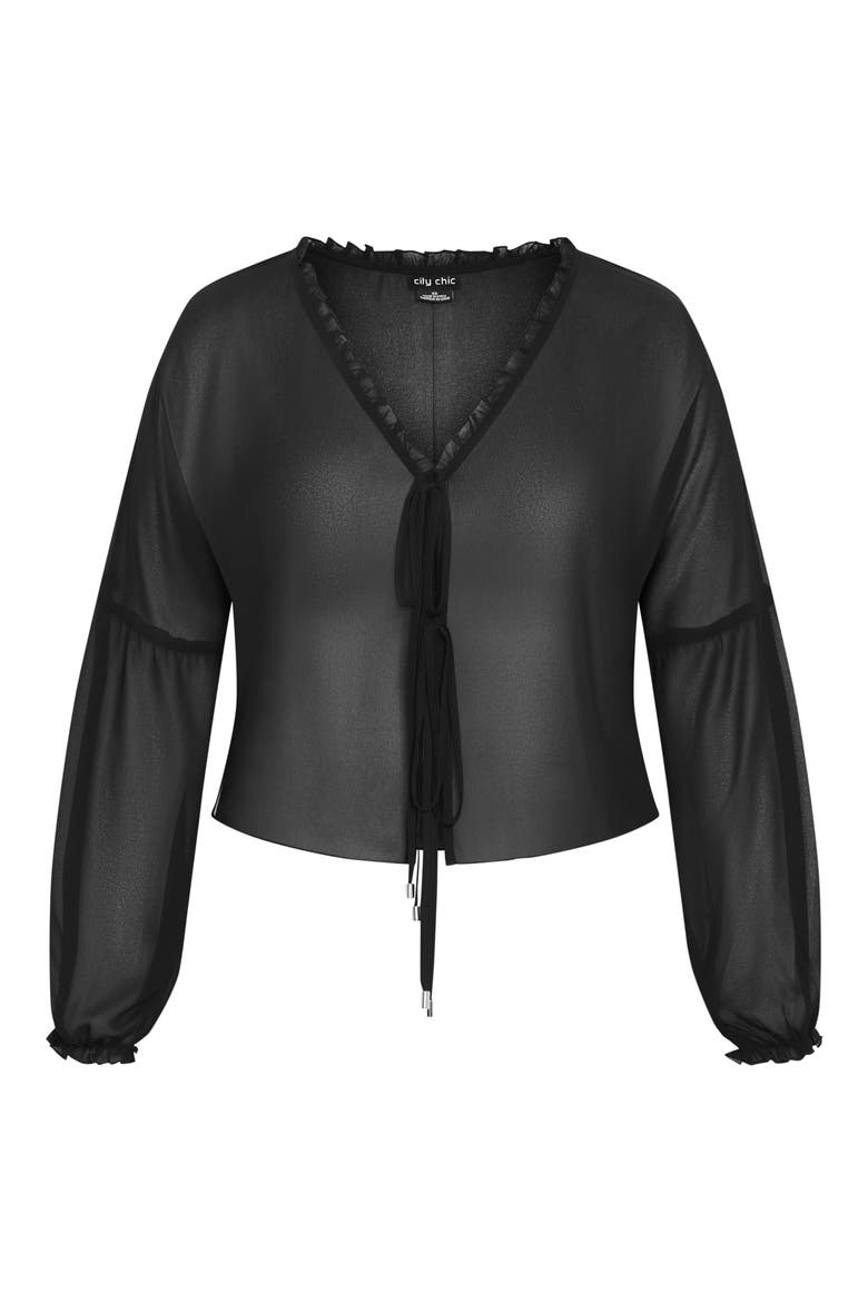 Corina Ruffle Trim Sheer Tie Neck Top, Alternate, color, BLACK