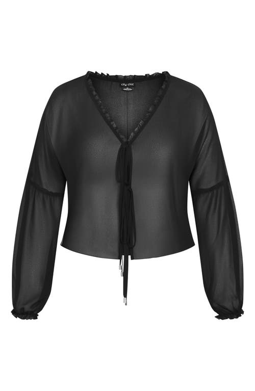 City Chic Corina Ruffle Trim Sheer Tie Neck Top In Black