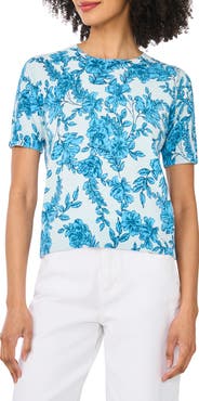 CeCe Printed Short Sleeve Cotton Sweater