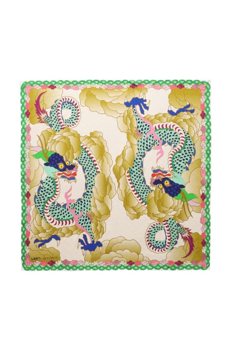 Wendy Morrison X Skylence Talisman Dragon Silk Scarf, Main, color, Yellow