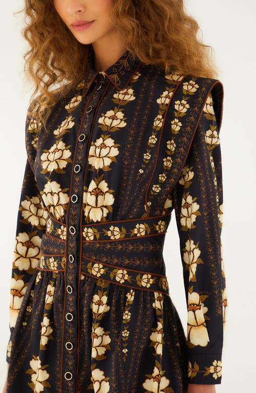 Farm Rio Black Embroidered Flowers Long Sleeve Organic Cotton Mini Dress In Blue