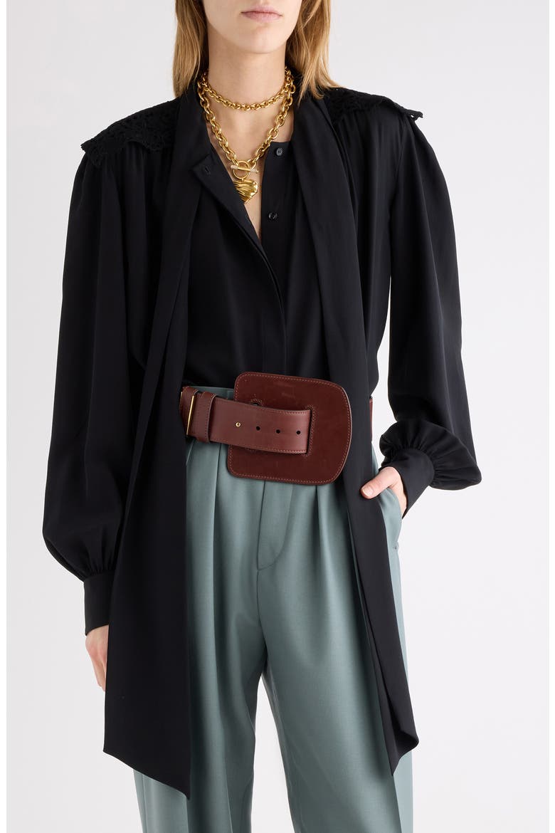 Pussybow Silk Crêpe de Chine Shirt, Main, color, BLACK