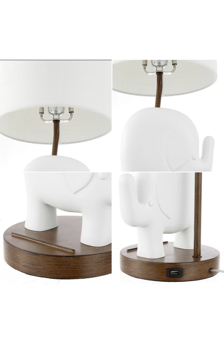 JONATHAN Y Ellie Bohemian Designer Iron/Resin Elephant LED Kids' Table Lamp with Phone Stand and USB Charging Port, Alternate, color, White