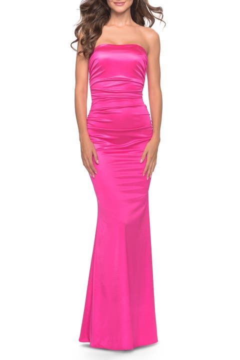 Chic Strapless Liquid Jersey Gown with Ruching in Hot Pink