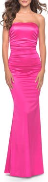 La Femme Chic Strapless Liquid Jersey Gown with Ruching in Hot Pink