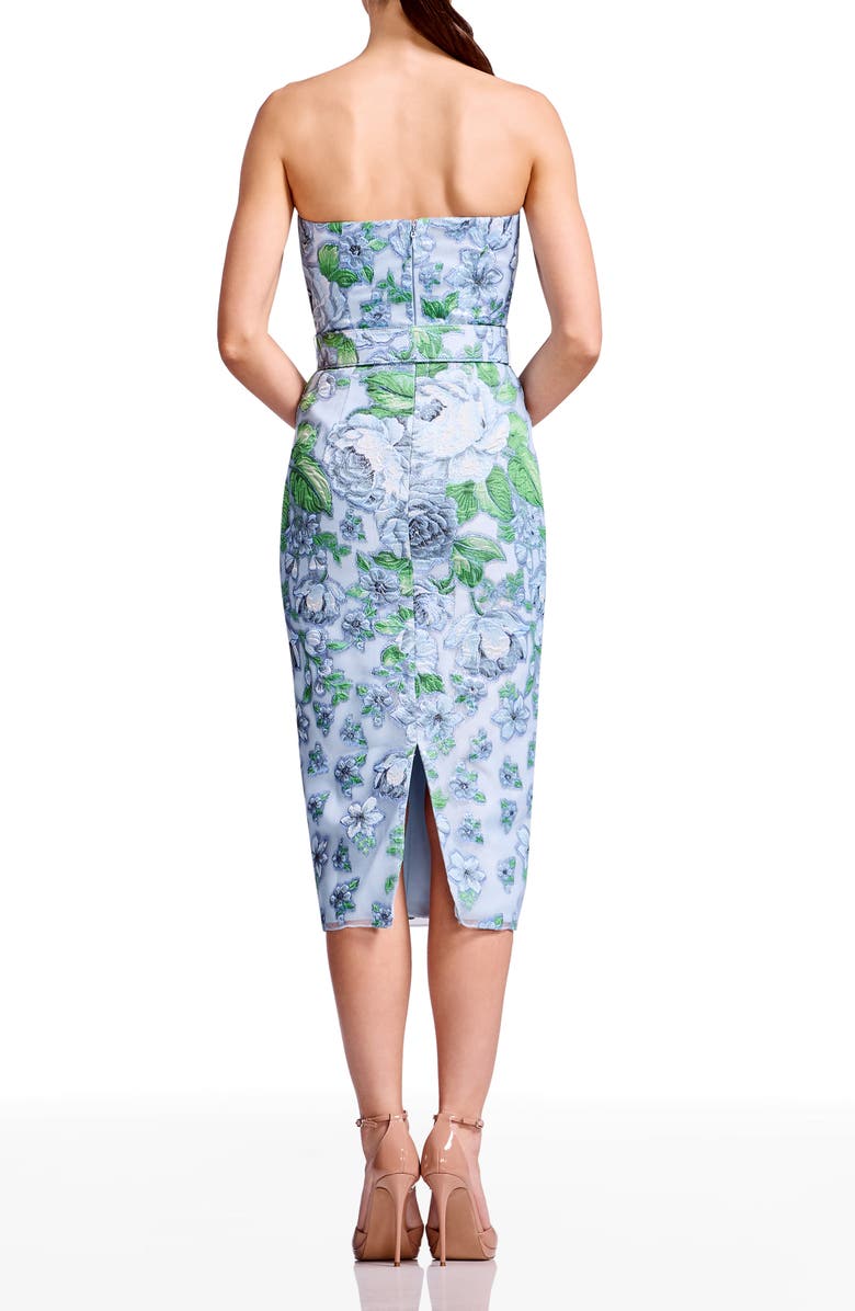 Dress the Population Shailene Belted Embroidered Floral Strapless Midi Cocktail Dress, Alternate, color, Sky Multi