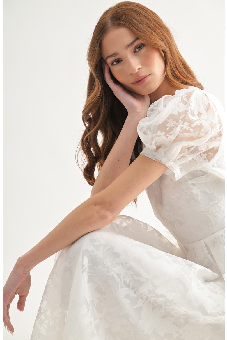 Jacquard Puff Sleeve A-Line Midi Dress, Alternate, color, WHITE
