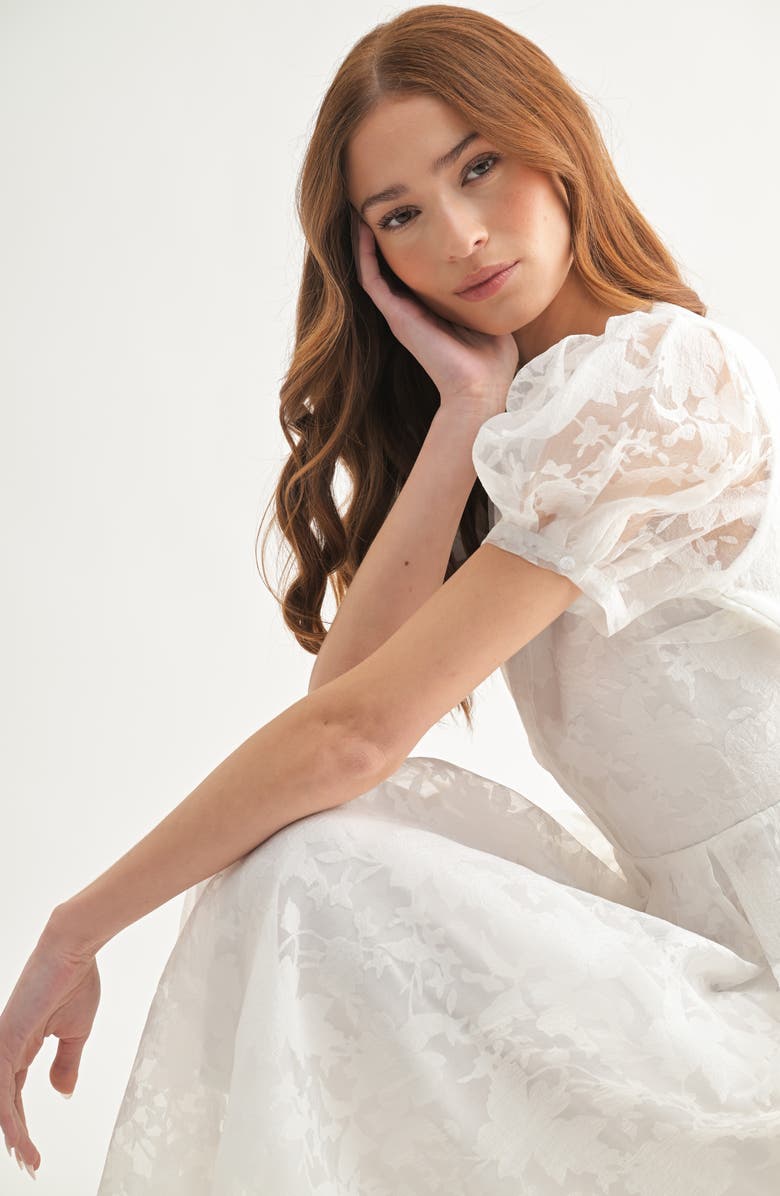 Mila Mae Jacquard Puff Sleeve A-Line Midi Dress, Alternate, color, White