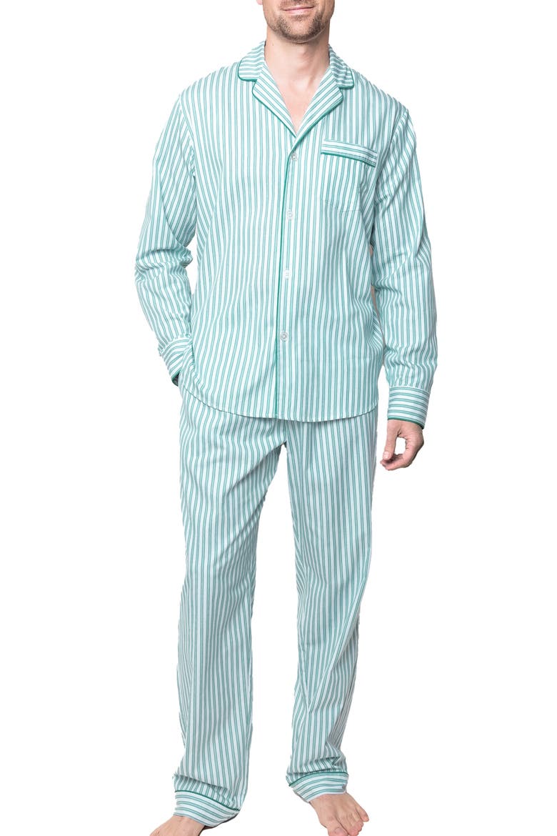 Ticking Stripe Cotton Twill Pajamas, Main, color, GREEN