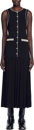 SANDRO Naima Imitation Pearl Button Front Sleeveless Midi Dress | Nordstrom